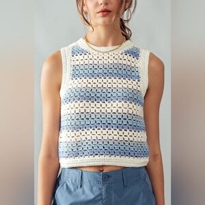 NWT Women's Striped Ombre Crochet Sleeveless Top - Blue and Cream Size M